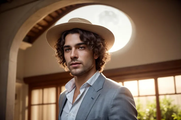 an awarded profesional photography of (1man:1.3) human  with light blue eyes  with  male Curly Twists hair  hairstyle and stubble shaving in medium brown  color, he wear british suit and sun hat   happy, Dancing in a moonlit courtyard, she swirls in a flowing gown, the embodiment of grace and elegance  in spacecraft interior ,(epic scene:1.3),ultradetialed character with perfect face,detailed skin,(ultrasharp:1.3),(masterpiece:1.1),best quality,(photorealistic:1.2),ultrarealistic,realistic ultradetailed character,4k perfect quality, <lyco:GoodHands-beta2:1> by Bob Orsillo  Task Lighting camera angle wide shot and portrait Magnificent,Imperceptible detail,Intricately designed,  (perfect quality face:1.5)  hyper-detailed complex,  insanely detailed, detailed clothes, detailed skin, detailed body, , 1man, realistic lights, realistic shadows, profesional photo,