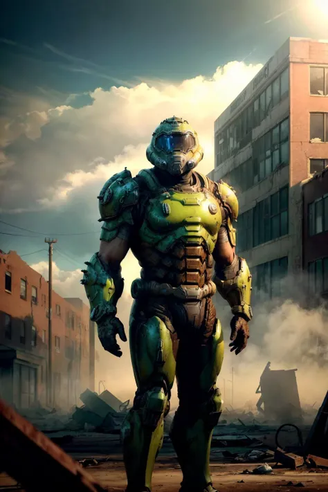 post-apocalypse fallout 4, a man in big green and brown armor standing in an (abandoned city:1.1) (red brick buildings:1.2) (bright morning sunlight:1.1), (windy dust volumetric lighting foggy:1.1), dslayer, helmet
(masterpiece:1.2), (best quality:1.2), (8k), (cinematic lighting), (sharp focus), (intricate), <lora:Cyber_Armor:1> <lora:add_detail:1>