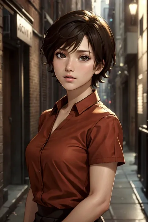 masterpiece, best quality, high contrast,(photo, studio lighting, hard light, sony a7, 50 mm, matte skin, pores, colors, hyperdetailed, hyperrealistic),MadisonHR, <lora:MadisonHR:0.7>, brown eyes, short hair, boy hair, brown hair, closed mouth, red shirt, short black skirt, 1girl, beautiful, stunning woman, detailed, sharp focus, dramatic, cinematic lighting, look at viewer,  (detailed skin) (natural skin texture), (natural hair) (natural lips), highly detailed, soothing tones, in a alleyway, in new york, beautiful eyes