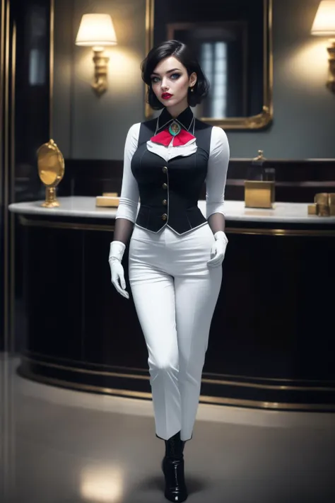 cinematic film still photogenic beautiful adult woman, solo, (white gloves), standing,  butler outfit, vest,  tailcoat:1.2, elegant and sophisticated, Victorian era influence, tailored jacket, crisp white shirt, ascot, high-waisted trousers, polished leather boot heels, detailed embroidery, monochrome color palette,  cinematic lighting 8k resolution,   <lora:Outfit_bioshockbas-ElizabethComstock:0.80>, e1iz4b3th,  collared shirt, blue eyes, [red ribbon] , (black cuffs), opal brooch, standing, high quality, reflections, high detail, best quality, rim lighting, volumetric lighting, textured skin,red lips, eyeshadow, eyeliner, looking at viewer, flirting with viewer, sultry, sophisticated,  <lora:Tweak_NoiseOffsetHigh:0.3>  . shallow depth of field, vignette, highly detailed, high budget, bokeh, cinemascope, moody, epic, gorgeous, film grain, grainy