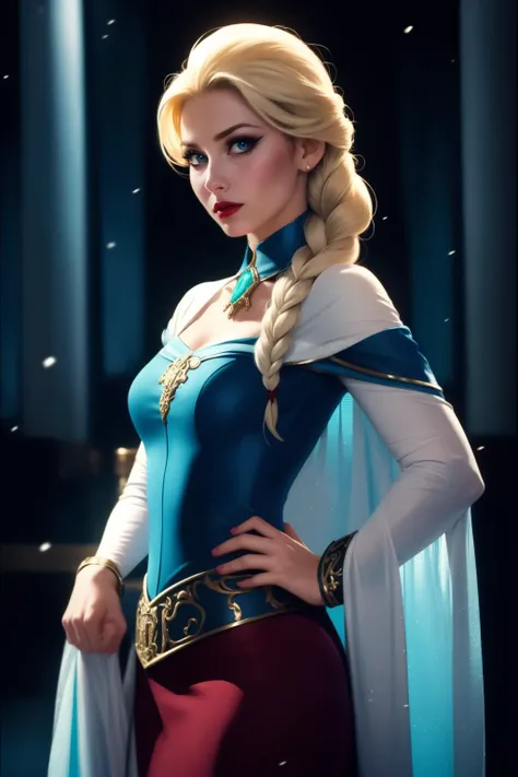 cinematic film still photogenic beautiful adult woman, solo, elsa \(frozen\), (blue:1.1 cotton dress), gossamer cloak, (frost magic), (snowflakes), platinum blonde braid,,  <lora:Outfit_bioshockbas-ElizabethComstock:0.80>, e1iz4b3th, ((fantasy medieval movie, wearing ornate armor)), open shirt, bra, collared shirt, skirt, blue eyes, [red ribbon] , (cuffs), opal brooch, standing, high quality, reflections, high detail, best quality, rim lighting, volumetric lighting, textured skin,red lips, eyeshadow, eyeliner, looking at viewer, flirting with viewer, sultry, sophisticated,  <lora:Tweak_NoiseOffsetHigh:0.3> (screengrab from frozen) . shallow depth of field, vignette, highly detailed, high budget, bokeh, cinemascope, moody, epic, gorgeous, film grain, grainy