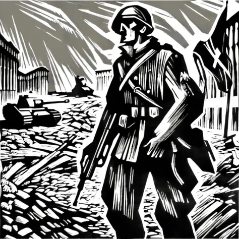 drawix7 soldier with flag on the battlefield, destroyed buildings and tanks in the background<lora:drawix7:1>