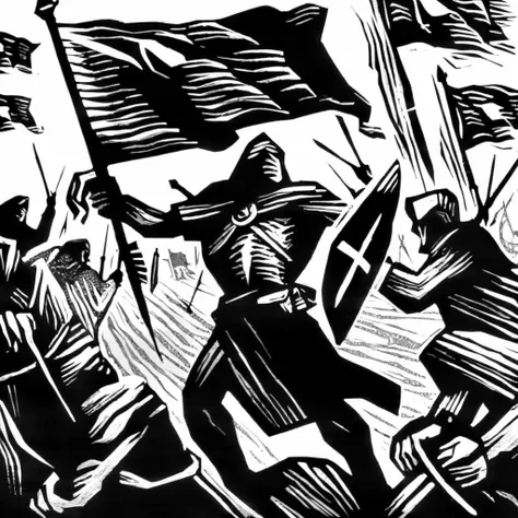 drawix7 warrior with flag on the battlefield<lora:drawix7:1>