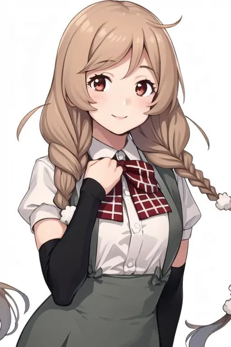 masterpiece, best quality,
1girl, solo,
(white background:1.4), standing, looking at viewer, (upper_body), <lora:konishi_lora_v2-000007:0.8>
<lora:kancolle_minegumo-17:1>minegumo, twin braids, white shirt, red bowtie, plaid bowtie, short sleeves, suspender skirt, arm warmers,
smile, blush,