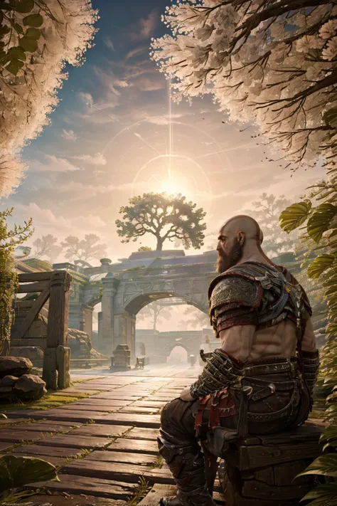 (masterpiece, best quality, detailed:1.2), <lora:kratos-20:0.7> , kratosGOW_soul3142, sitting, outdoors, armor, tree, scenery, from side,