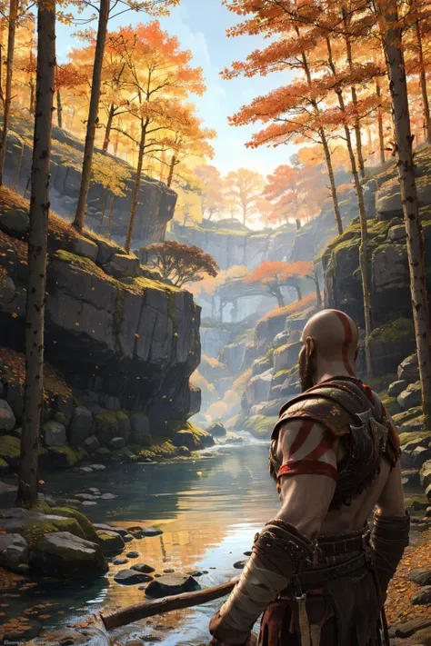 (masterpiece, best quality, detailed:1.2), <lora:kratos-15:0.7> ,kratosGOW_soul3142, outdoors, water, tree, leaf, bandages, nature, scenery, forest, pauldrons, bandaged arm, autumn leaves, bald