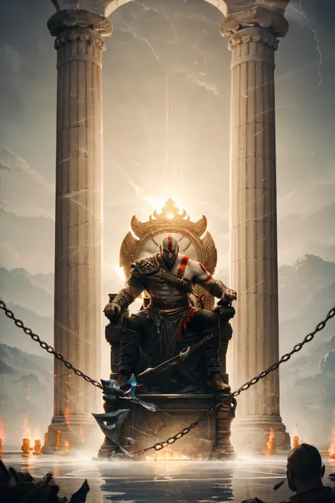 (masterpiece, best quality, detailed:1.2),  <lora:kratos-15:0.7> ,kratosGOW_soul3142, solo, 1boy, holding, weapon, male focus, armor, chain, bald, pillar, throne, statue