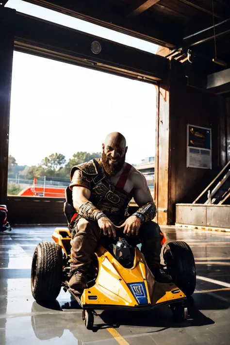 kratosGOW_soul3142, scar, beard, bald, armor, looking at viewer, smiling, happy, sitting, on go-kart, driving go kart, inside, racetrack, bright lighting, high quality, masterpiece, <lora:kratos:.6>