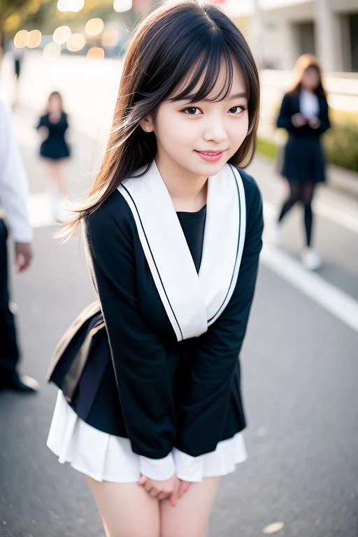 (extremely detailed CG unity 8k wallpaper), (masterpiece), (best quality), (ultra-detailed), (best illustration), (best shadow), (photorealistic:1.6), real human skin, lens flare, shade, backlighting, bloom, depth of field, natural lighting, hard focus, film grain, look at the viewer, (korean mixed, kpop idol:1.5),
1 girl, 21 yo, solo, skinny, pale skin, soft lips, (light eyebrow:1.4),shiny brown eyes, black long straight hair, small breasts, beautiful detailed sky, street(crowd:1.2), night, (nose blush), beautiful detailed eyes, white japanese school uniform, sailor suit, dark red pleated skirt, stockings, sneakers, happy, smile,