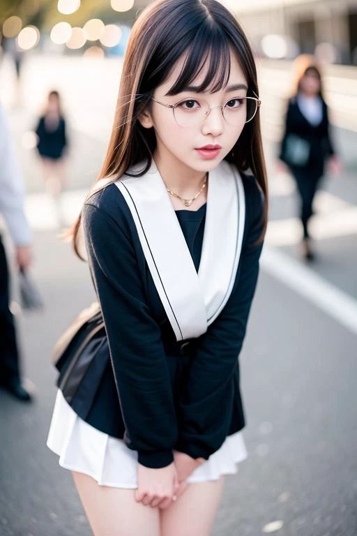(extremely detailed CG unity 8k wallpaper), (masterpiece), (best quality), (ultra-detailed), (best illustration), (best shadow), (photorealistic:1.6), real human skin, lens flare, shade, backlighting, bloom, depth of field, natural lighting, hard focus, film grain, look at the viewer, (korean mixed, kpop idol:1.5),
1 girl, 21 yo, solo, skinny, pale skin, soft lips, (light eyebrow:1.4),shiny brown eyes, black long straight hair, small breasts, beautiful detailed sky, street(crowd:1.2), night, (nose blush), beautiful detailed eyes, white japanese school uniform, sailor suit, dark red pleated skirt, stockings, sneakers, happy, smile, glasses