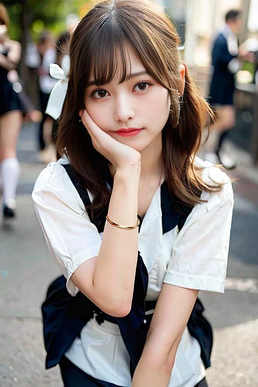 (extremely detailed CG unity 8k wallpaper), (masterpiece), (best quality), (ultra-detailed), (best illustration), (best shadow), (photorealistic:1.6), real human skin, lens flare, shade, backlighting, bloom, depth of field, natural lighting, hard focus, film grain, look at the viewer, asian, kpop idol:1.5, (PureErosFace_V1:0.5),<lora:japaneseDollLikeness_v10:1>,
1 girl, 21 yo, solo, skinny, pale skin, soft lips, (light eyebrow:1.4),shiny brown eyes, black straight hair, small breasts, beautiful detailed sky, street(crowd:1.2), night, (nose blush), beautiful detailed eyes, white japanese school uniform, sailor suit, black pleated skirt, stockings, sneakers, happy, smile