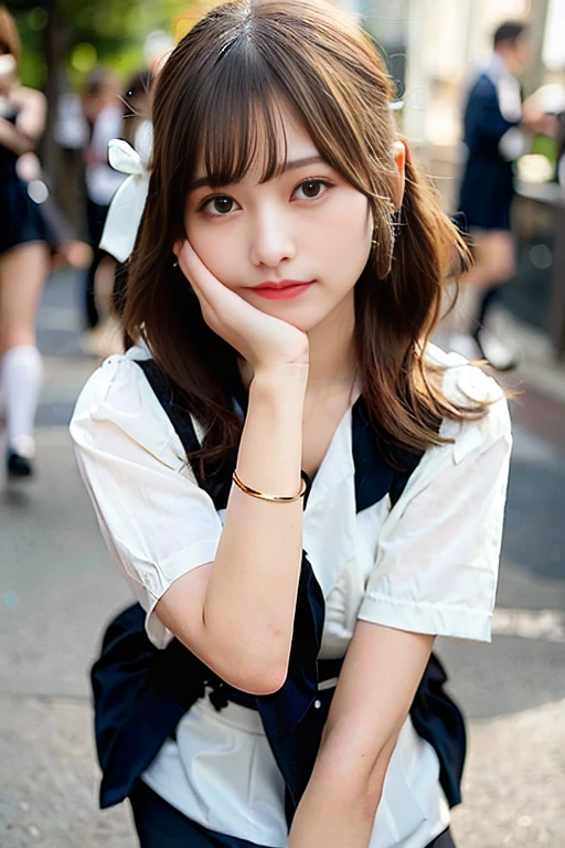 (extremely detailed CG unity 8k wallpaper), (masterpiece), (best quality), (ultra-detailed), (best illustration), (best shadow), (photorealistic:1.6), real human skin, lens flare, shade, backlighting, bloom, depth of field, natural lighting, hard focus, film grain, look at the viewer, asian, kpop idol:1.5, (PureErosFace_V1:0.5),<lora:japaneseDollLikeness_v10:1>,
1 girl, 21 yo, solo, skinny, pale skin, soft lips, (light eyebrow:1.4),shiny brown eyes, black straight hair, small breasts, beautiful detailed sky, street(crowd:1.2), night, (nose blush), beautiful detailed eyes, white japanese school uniform, sailor suit, black pleated skirt, stockings, sneakers, happy, smile
