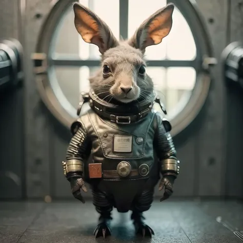 masterpiece, best quality, 8K, colorful, photorealistic, HDR, high detail, wallpaper, <lora:GPTS3 animals_258424:1>, rabbit, space suit, spaceship, window, nebula, full body