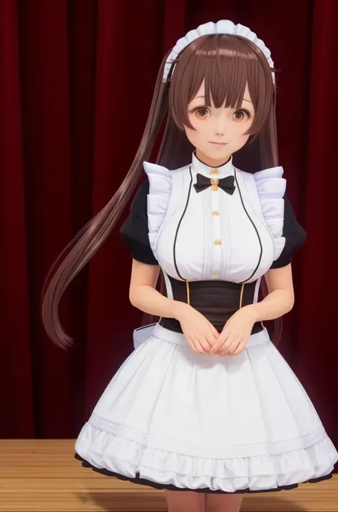 standing in front of a stage,standing on a wooden floor with a red curtain behind her,
maid headdress, maid apron, maid Dress,
<lora:CustomMaid3D2-KK77-V1:0.7>,maid, maid outfit,black_dress,
bangs,brown_hair,brown eyes,long_hair,
1 girl, 20yo,mature female,Beautiful Finger,Beautiful long legs,Beautiful body,Beautiful Nose,Beautiful character design, perfect eyes, perfect face,
looking at viewer,
NSFW,official art,extremely detailed CG unity 8k wallpaper, perfect lighting,Colorful, Bright_Front_face_Lighting,
(masterpiece:1.0),(best_quality:1.0), ultra high res,4K,ultra-detailed,
photography, 8K, HDR, highres, absurdres:1.2, Kodak portra 400, film grain, blurry background, bokeh:1.2, lens flare, (vibrant_color:1.2)
(Beautiful,large_Breasts:1.4), (beautiful_face:1.5),(narrow_waist),