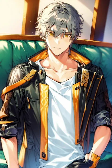 masterpiece, best quality, <lora:trailblazer:1>, <lora:fstyle01-000010:1>,1boy, male focus, shirt, jacket, white shirt, yellow eyes, solo, looking at viewer, grey hair, gloves, black jacket, closed mouth, short hair, bangs, black gloves, indoors, hair between eyes, couch, open jacket, open clothes, window, upper body, plant, collarbone, artist name, holding, weapon, short sleeves, hand on hip, sword