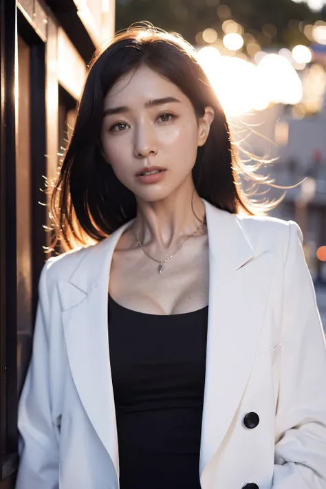 Absurdres,8k, (photorealistic:1.2),(best quality:1.3), (ultra highres:1.3), raw photo, photon mapping, outdoor, japan street, 1girl, upper body, realistic skin texture, black dress, white coat, necklace, fashionable