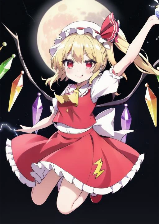 masterpiece, best quality, <lora:flandre_scarlet:1>,flandre scarlet,(flying),,petite, white soft hat, red hat bow, blonde hair, side ponytail, red eyes, shiny eyes, fang, red vest, short sleeves, puffy sleeves, yellow ascot, red frilled skirt, crystal wings, mary janes, red shoes,solo,<lora:GoodHands-vanilla:0.8> <lora:anmnr01:0.3> <lora:add_detail:0.5> ,(dynamic pose,lightning effect,fullmoon,night sky,evil smile,looking at viewer)