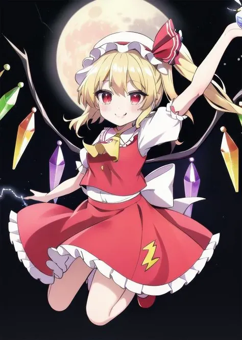 masterpiece, best quality, <lora:flandre_scarlet:1>,flandre scarlet,(flying),****,petite, white soft hat, red hat bow, blonde hair, side ponytail, red eyes, shiny eyes, fang, red vest, short sleeves, puffy sleeves, yellow ascot, red frilled skirt, crystal wings, mary janes, red shoes,solo,<lora:GoodHands-vanilla:0.8> <lora:anmnr01:0.3> <lora:add_detail:0.5> ,(dynamic pose,lightning effect,fullmoon,night sky,evil smile,looking at viewer)