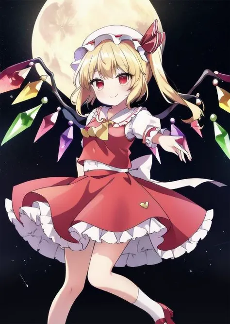 masterpiece, best quality, <lora:flandre_scarlet:1>,flandre scarlet,(flying),****,petite, white soft hat, red hat bow, blonde hair, side ponytail, red eyes, shiny eyes, fang, red vest, short sleeves, puffy sleeves, yellow ascot, red frilled skirt, crystal wings, mary janes, red shoes,solo,<lora:GoodHands-vanilla:0.8> <lora:anmnr01:0.3> <lora:add_detail:0.5> ,(dynamic pose,light paricles,fullmoon,night sky,evil smile,looking at viewer)