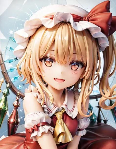 best quality, ultra high res, 1girl, solo, flandre scarlet, <lora:flandre_scarlet:1>, white soft hat, red hat bow, blonde hair, side ponytail, red eyes, shiny eyes, fang, red vest, short sleeves, puffy sleeves, yellow ascot, red frilled skirt, (crystal wings:1.2), bobby socks, mary janes, red shoes, laughing, ((evil smile)), looking at viewer, facing front, upper body, portrait,