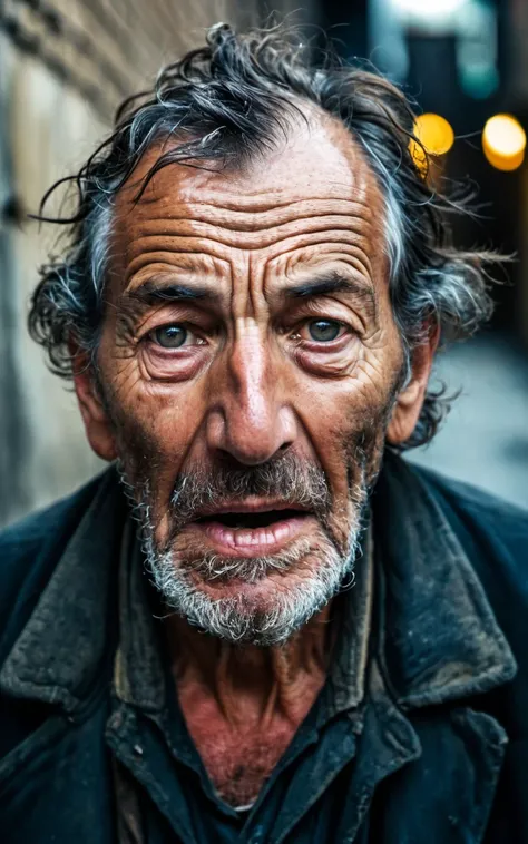 portrait of very old,(150 years old),poor,homeless,tired,man,toothless,open mouth,(intense stare:1.3),in a dirty alley,(headshot:1.2),(face focus:1.1),(facing the camera:1.2),head in the center,slight smile but sad,(facing straightforward:1.2),(forward facing:1.1),face,Head,Head focus,Head tilted