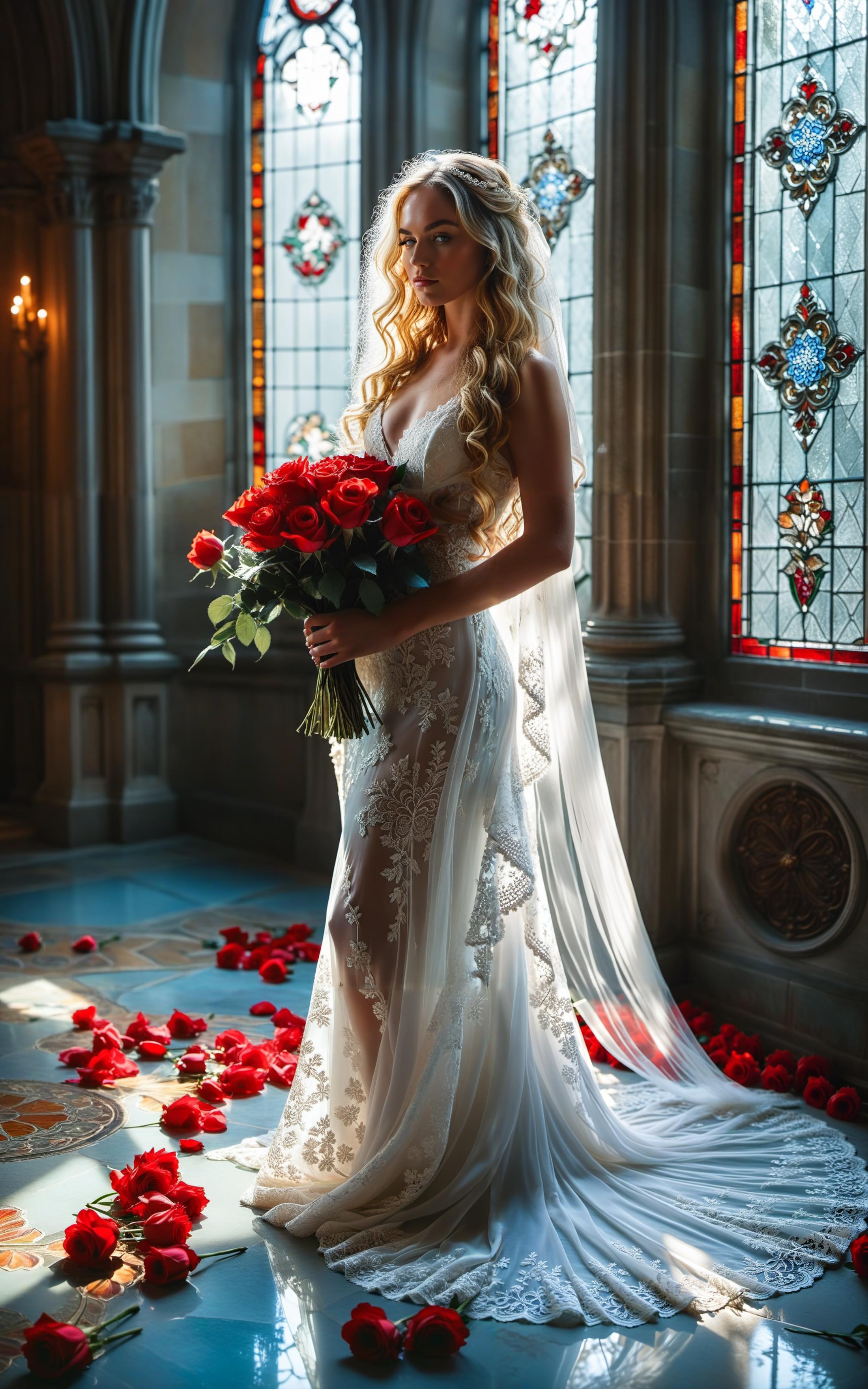 A woman in a wedding dress holding a bouquet of roses - SeaArt AI