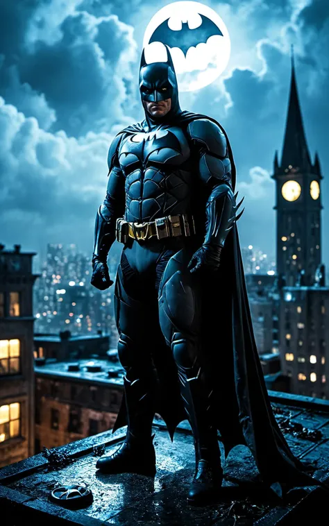 cinematic film still Batman the Darkknight version standing on a roof in gotham city,night time,bat signal on the clouds above,dynamic angle,approaching perfection,dynamic,highly detailed,smooth,sharp focus,art by Carne Griffiths and Wadim Kashin,trending on artstation,sharp focus,intricate details,highly detailed,by greg rutkowski,mysterious,epic,cinematic,art by Todd McFarlane,Full Body Photograph,Full Body Portrait,Full Body Visible,From a Distance, . shallow depth of field, vignette, highly detailed, high budget, bokeh, cinemascope, moody, epic, gorgeous, film grain, grainy