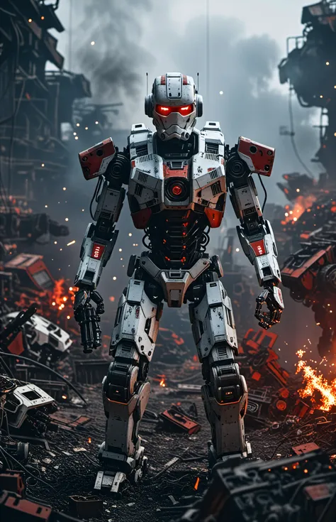 cinematic film still, white-red-black-mech-warrior in a dystopian robotic graveyard,junkyard of robotic parts and robotic pieces,smoke,fires,sparks,dappled lighting,film grain,photographed on a Sony A7R IV,18mm F/1.7 cine lens,(highly detailed, intricately detailed),8k,HDR,glow effects,godrays,Hand drawn,render,8k,octane render,cinema 4d,blender,dark,atmospheric 4k ultra detailed,cinematic,Sharp focus,big depth of field,Masterpiece,colors,3d octane render,4k,concept art,trending on artstation,hyperrealistic