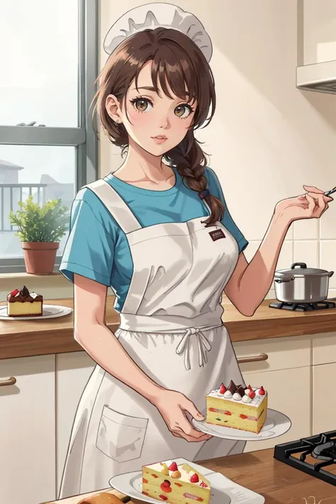 A family is baking a cake in their kitchen. They are wearing aprons and chef hats, and they have flour, eggs, and chocolate on the counter. They are working together as they mix the ingredients, pour the batter, and put the cake in the oven. The kitchen is bright and clean, and there are some cookies and cupcakes on the rack. The scene is wholesome and cozy
<lora:GoodHands-beta2:0.75>