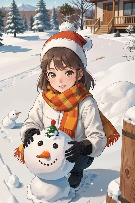 A family is making a snowman in their backyard. They are wearing winter clothes and gloves,and they have a carrot,a scarf,and a hat for the snowman. They are having fun as they roll the snowballs,stack them up,and decorate the snowman. The backyard is white and snowy,and there are some trees and birds around. The scene is wholesome and cozy.,
<lora:GoodHands-beta2:0.75>