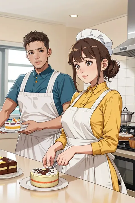 A family is baking a cake in their kitchen. They are wearing aprons and chef hats, and they have flour, eggs, and chocolate on the counter. They are working together as they mix the ingredients, pour the batter, and put the cake in the oven. The kitchen is bright and clean, and there are some cookies and cupcakes on the rack. The scene is wholesome and cozy
<lora:GoodHands-beta2:0.75>