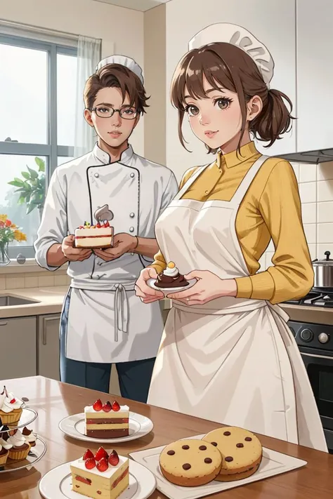 A family is baking a cake in their kitchen. They are wearing aprons and chef hats, and they have flour, eggs, and chocolate on the counter. They are working together as they mix the ingredients, pour the batter, and put the cake in the oven. The kitchen is bright and clean, and there are some cookies and cupcakes on the rack. The scene is wholesome and cozy
<lora:GoodHands-beta2:0.75>