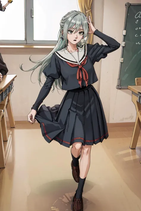 masterpiece, best quality, highres, Sharp focus, dslr photo, HD, UHD, 8K, school, classroom, subaru hoshina, 1girl, solo, long hair, skirt, shirt, long sleeves, school uniform, ponytail, grey hair, pleated skirt, shoes, serafuku, puffy sleeves, sailor collar, black footwear, neckerchief, brown footwear, loafers, Dancing with one arm raised <lora:HoshinaSubaruV2:0.85>