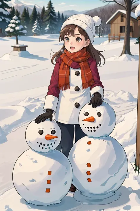 A family is making a snowman in their backyard. They are wearing winter clothes and gloves,and they have a carrot,a scarf,and a hat for the snowman. They are having fun as they roll the snowballs,stack them up,and decorate the snowman. The backyard is white and snowy,and there are some trees and birds around. The scene is wholesome and cozy.,
<lora:GoodHands-beta2:0.75>