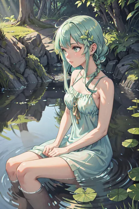 a naiad at her spring. daydreaming. wearing a dress made of pondweed. water distorting light, refracting sunbeams, volumetric light.