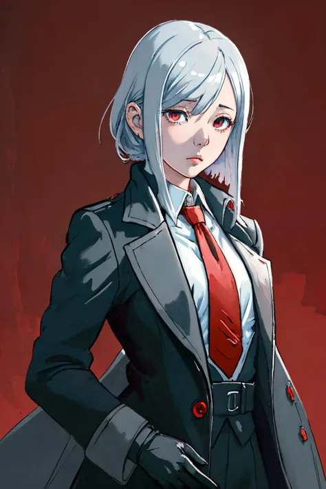 1 beautiful young woman , silver hair, coat, tie, office shirt, glove
flat chest
dramatic lighting
red background
oil painting
Sui Ishida
(masterpiece)