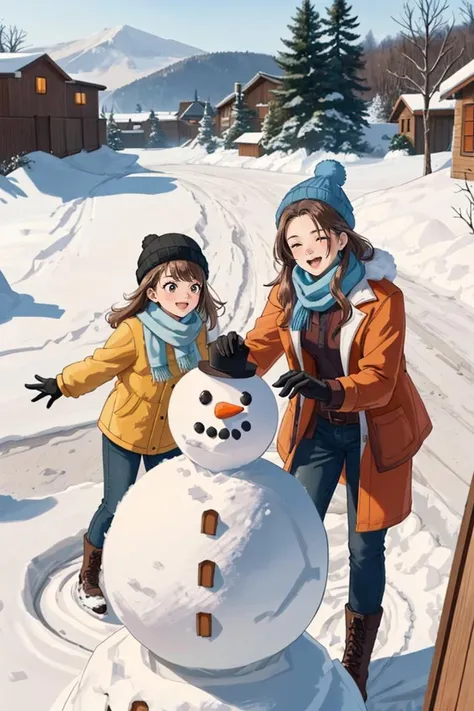 A family is making a snowman in their backyard. They are wearing winter clothes and gloves,and they have a carrot,a scarf,and a hat for the snowman. They are having fun as they roll the snowballs,stack them up,and decorate the snowman. The backyard is white and snowy,and there are some trees and birds around. The scene is wholesome and cozy.,
<lora:GoodHands-beta2:0.75>