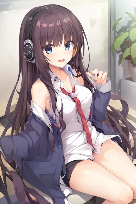 (masterpiece), (best quality), (ultra-detailed), photorealistic, (best illustration), ((an extremely delicate and beautiful)), 1girl, solo, nagashimakai, full body, blue coat, open coat, collared shirt, sleeveless shirt, bare shoulders, collarbone, red necktie, headphones, av, g, 1, off shoulder, <lora:long_island_kai_nai_6-13:0.8:lbw=INS_MIDD>, ultra-detailed, finely detailed, sitting, on chair, :d, black shorts, bike shorts,