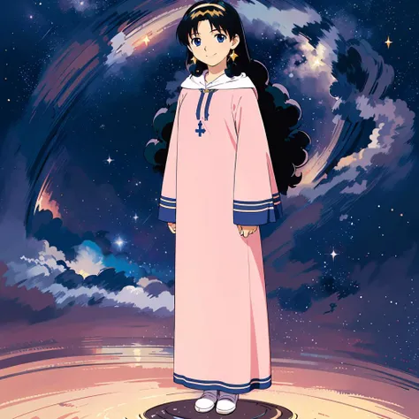 <lora:MiaOsa001:0.7>,smile,
Mia,1girl,solo,
black hair,longhair,curly hair,blue eyes,
hairband,
hood,long pink dress,
full body,standing,starry_sky,