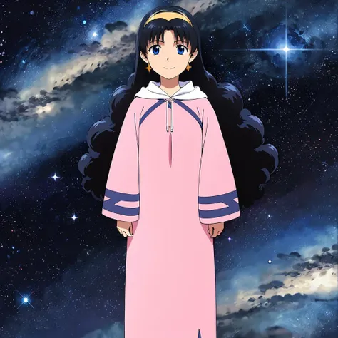 <lora:MiaOsa001:0.7>,smile,
Mia,1girl,solo,
black hair,longhair,curly hair,blue eyes,
hairband,
hood,long pink dress,
full body,standing,starry_sky,