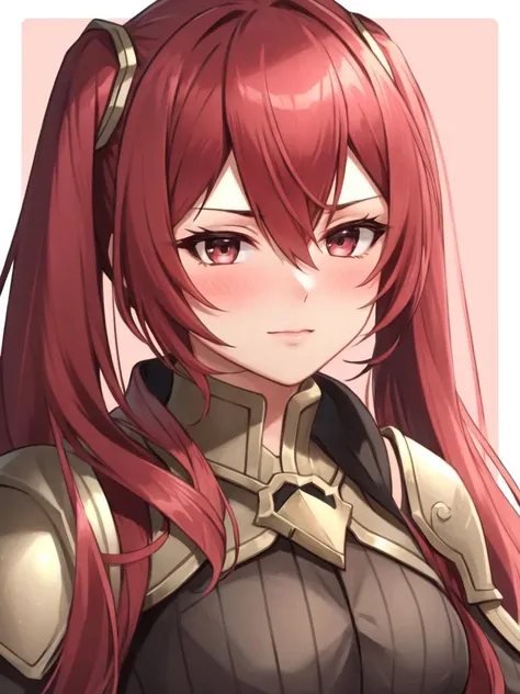 <lora:Severa_FE-10:0.8>, severa fe, ultra-detailed, 1girl, solo, looking at viewer, blush, hair between eyes, upper body, armor