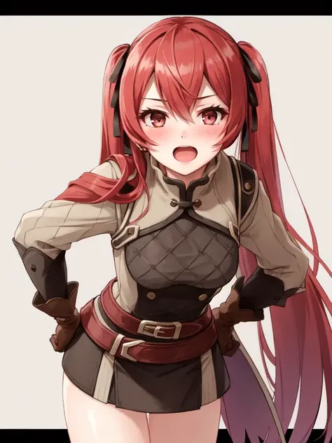 <lora:Severa_FE-10:0.8>, severa fe, ultra-detailed, 1girl, solo, looking at viewer, blush, open mouth, gloves, long sleeves, ribbon, hair between eyes, hair ribbon, belt, hand on hip, leaning forward, brown gloves, leather gloves