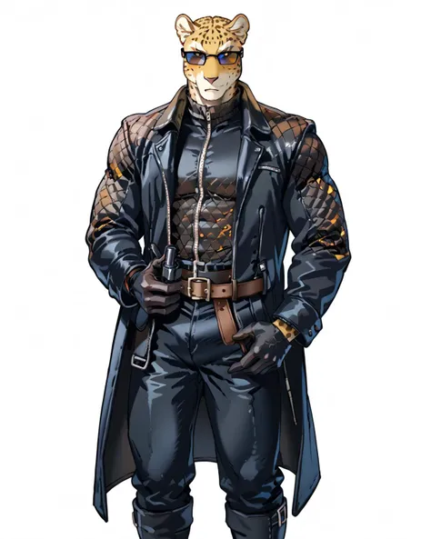 score_9, score_8_up, score_7_up, score_6_up, source_furry, rating_explicit, ah1, furry, best quality, (masterpiece:1.4), (high quality:1.4), sharp focus, 4k, absurd resolution, BREAK <lora:albertwesker-guy-PONYv1:0.8>, (((black gloves, sunglasses, belt, black coat, black pants))), highly detailed, highres, extremely detailed, looking at viewer, toned, athletic, fit, black turtleneck, zipper, black boots, (graphene textured clothes:1.7), charr (leopard boy, yellow fur, small eyes), by Kenket, <lora:tobias:0.6>, smirk, cocky, (Adjusting glove)