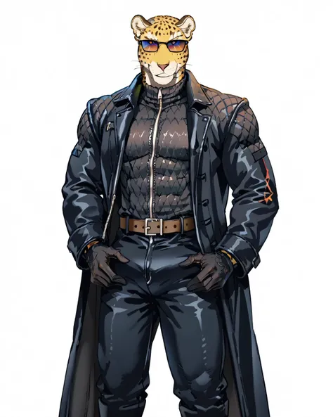 score_9, score_8_up, score_7_up, score_6_up, source_furry, rating_explicit, ah1, furry, best quality, (masterpiece:1.4), (high quality:1.4), sharp focus, 4k, absurd resolution, BREAK <lora:albertwesker-guy-PONYv1:0.8>, (((black gloves, sunglasses, belt, black coat, black pants))), highly detailed, highres, extremely detailed, looking at viewer, toned, athletic, fit, black turtleneck, zipper, black boots, (graphene textured clothes:1.7), charr (leopard boy, yellow fur, small eyes), by Kenket, <lora:tobias:0.6>, smirk, cocky, (Holding a sinister-looking vial)