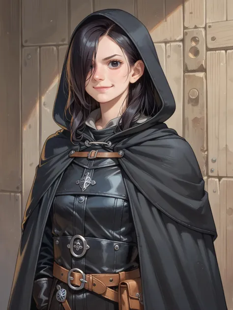 score_9, score_8_up, score_7_up,
1girl, solo, long hair, black hair, black eyes, short stature, big eyes and ears, hair over one eye, smirk, closed mouth, black hooded cloak, hood over face, black leather gloves, black leather garments, medieval, dungeons and dragons, semi realistic, cowboy shot, looking at viewer,