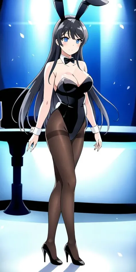 <lora:lora_sakurajima_mai_v2:0.6>, masterpiece, best quality, 8k, 1girl, beautiful detailed eyes, lora_sakurajima_mai, sakurajima_mai, 
anime girl wearing black satin silk strapless leotard and tights with high heels, bar counter, bare arms, full-body shot, must show the whole body from head to toe, black single color bunny ears, (white collar) with (((slim bowtie))), (white detachable wrist cuffs), short torso, slender hips, (((wasp waist))), well proportioned feminine body, very cute face, gorgeous, pretty, beautiful maiden, masterpiece, best quality, sharp focus, cinematic lighting, detailed lighting, looking at viewer, 8k, UHD, intricate details, detailed face, extreamly detailed, photograph, photorealistic, perfect eyes, detailed eyes, realistic eyes, detailed skin, must show both feet, bunny costume, playmate
full body, blue eyes, black satin silk bunny girl uniform, pantyhose, high heels, rabbit ears, white collar with bowtie, white wrist cuffs with cufflinks