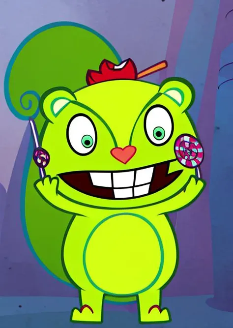 8K, high quality, detailed background, candies, lollypop, full body, green squirrel, htf_nutty, cartoon, parody, grin <lora:htf_nutty:1>