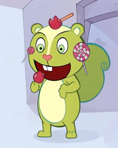 8K, high quality, detailed background, candies, lollypop, full body, green squirrel, htf_nutty, cartoon, parody, grin <lora:htf_nutty:1>