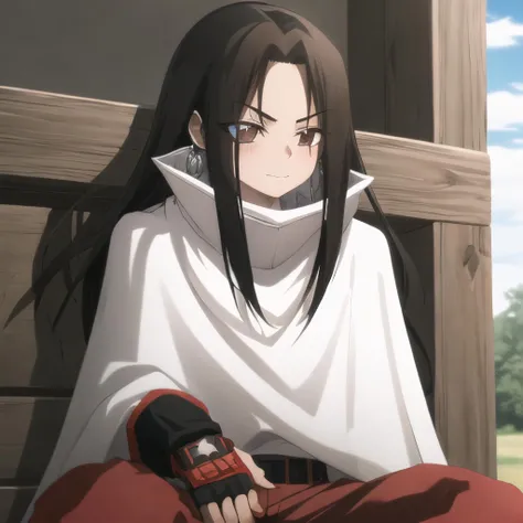 best quality, masterpiece, ultra-detailed, asakura hao, 1 boy, solo, brown hair, long hair, brown eyes, cape, star earrings, white cape,topless, nude, red pants