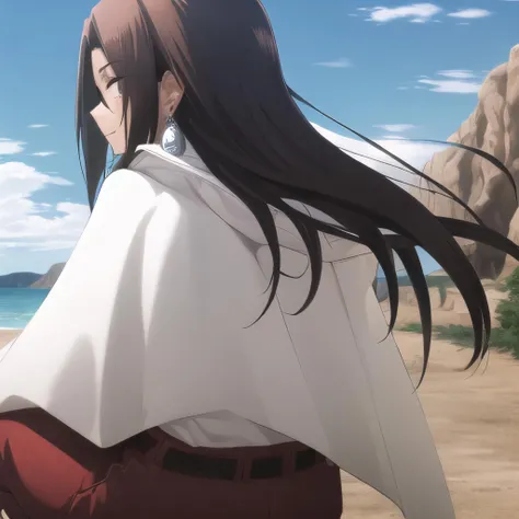 best quality, masterpiece, ultra-detailed, asakura hao, 1 boy, solo, brown hair, long hair, brown eyes,    cape, view from behind, red pants, star earrings